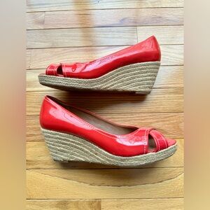 Franco Sarto Salmon Patent Espadrille Peep-Toe Wedge